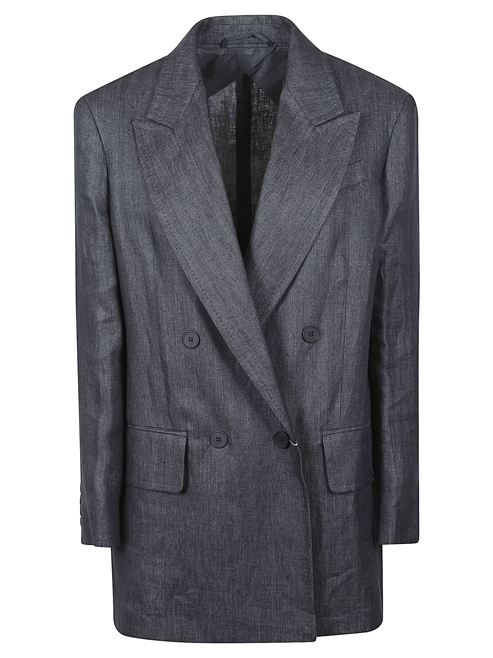 Double-Breasted Herringbone Blazer with Wide Lapels