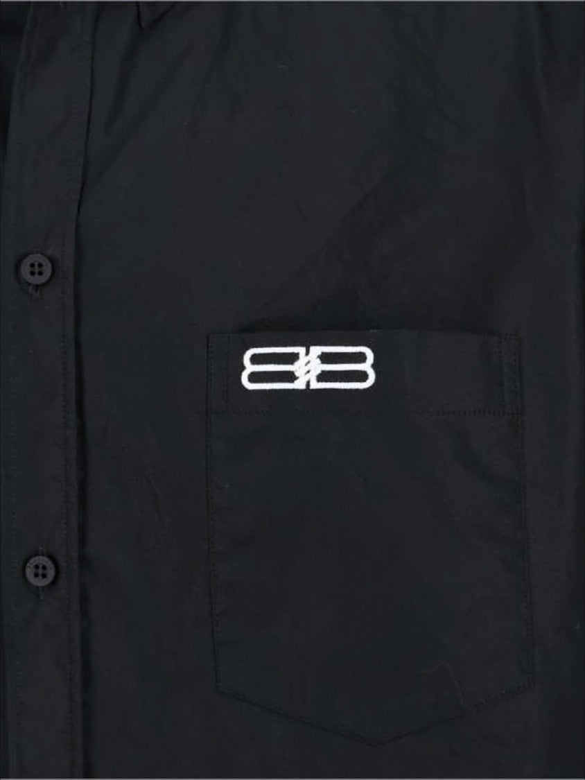 Short-Sleeved Black Cotton Shirt with Boxy Silhouette