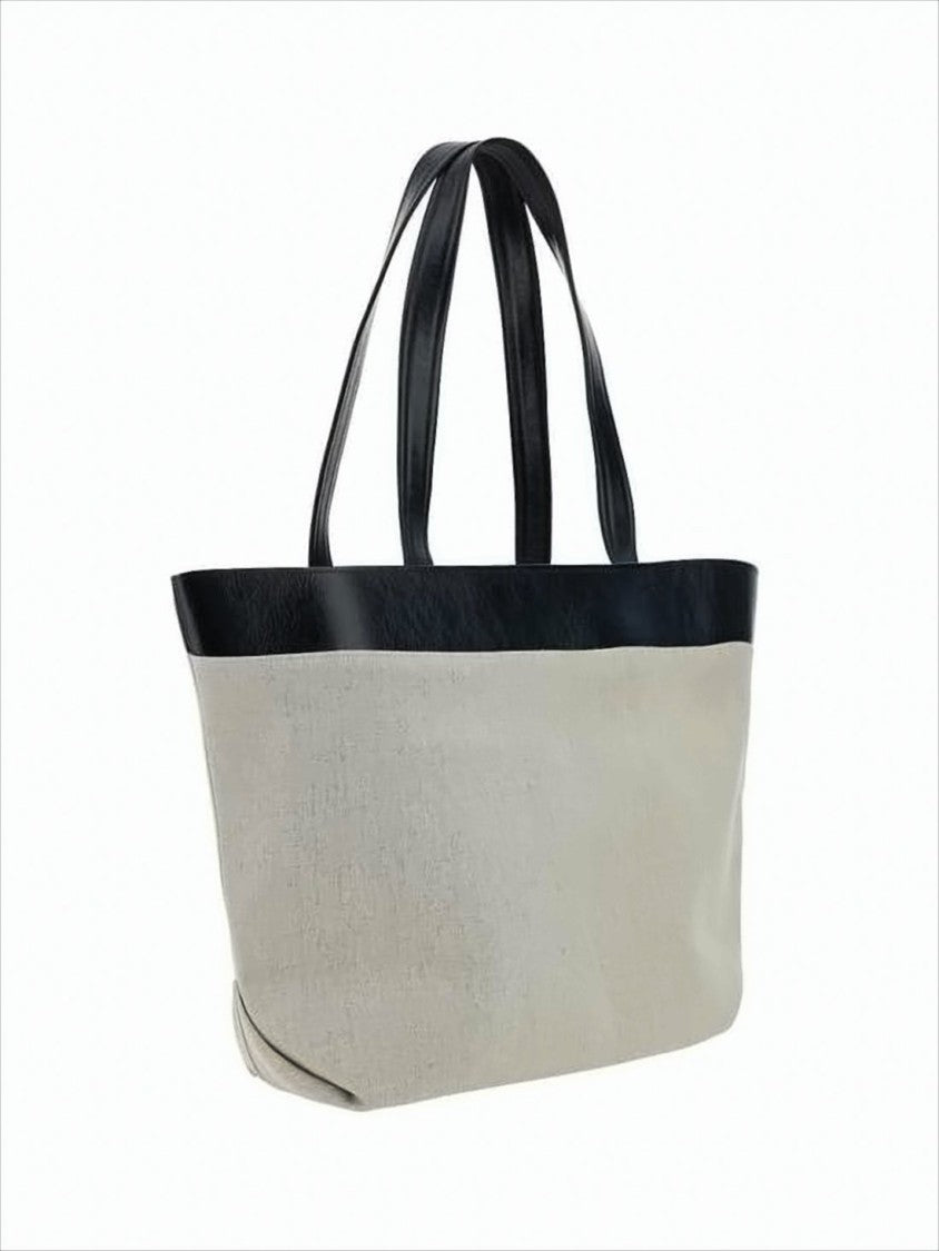 Beige Canvas Tote Bag With Black Leather Trim