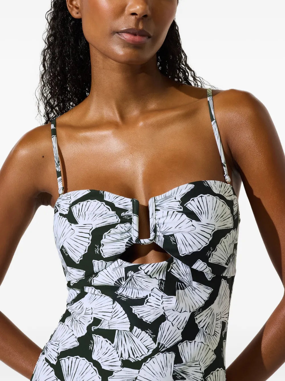 One-Piece Swimsuit with Abstract Fan Pattern
