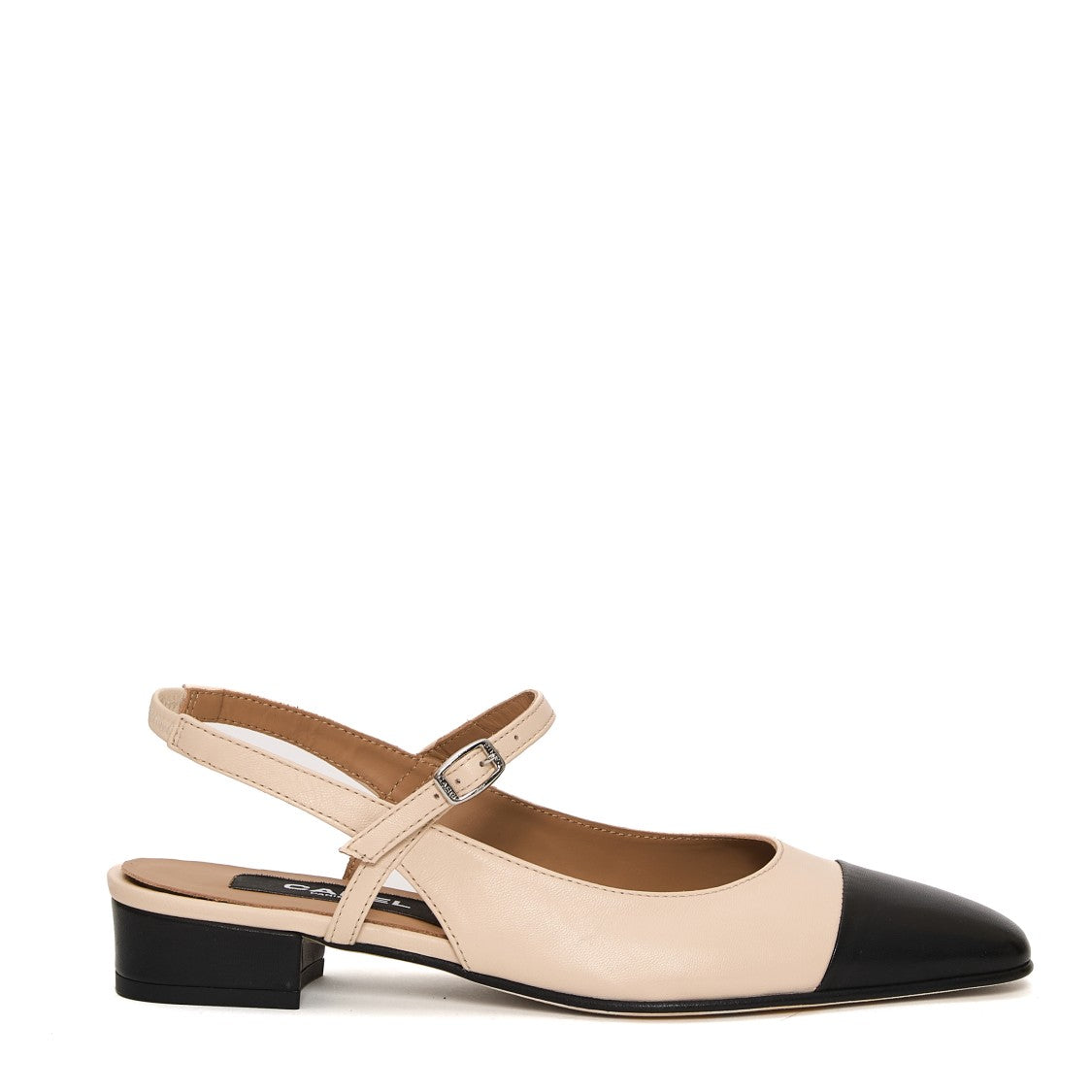 Beige Leather Slingback Shoes With Black Cap