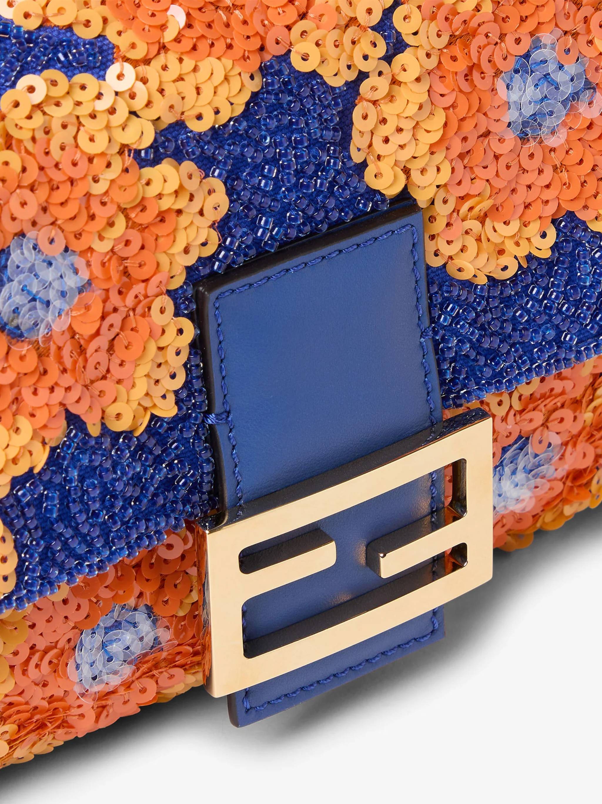 Floral Sequin Baguette Bag with Structured Handle