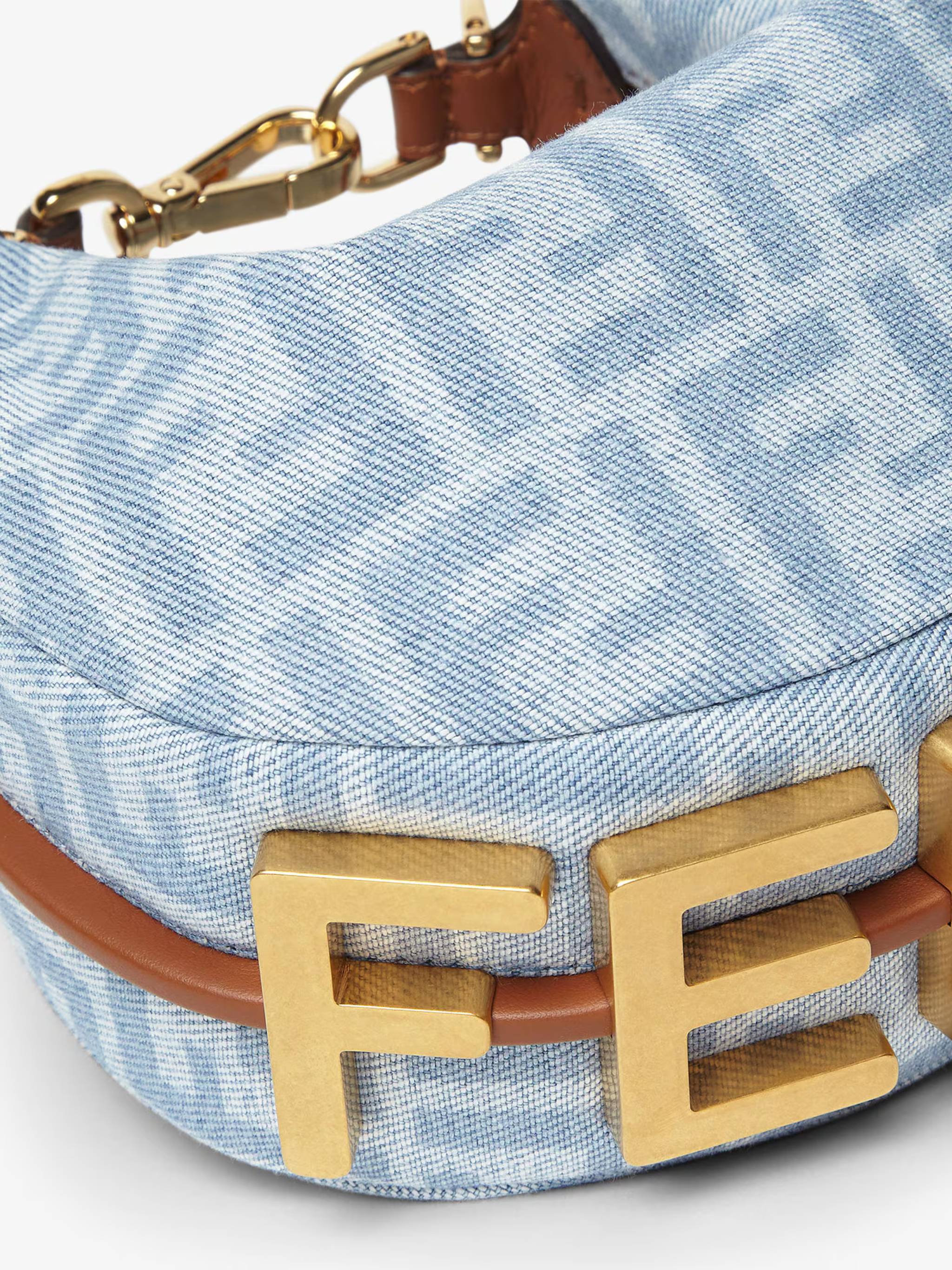 Crescent-Shaped Handbag with Light Blue Monogram and Gold Hardware