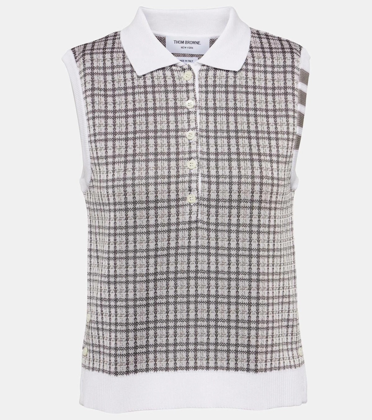 Checkered Knit Sleeveless Top with Pointed Collar