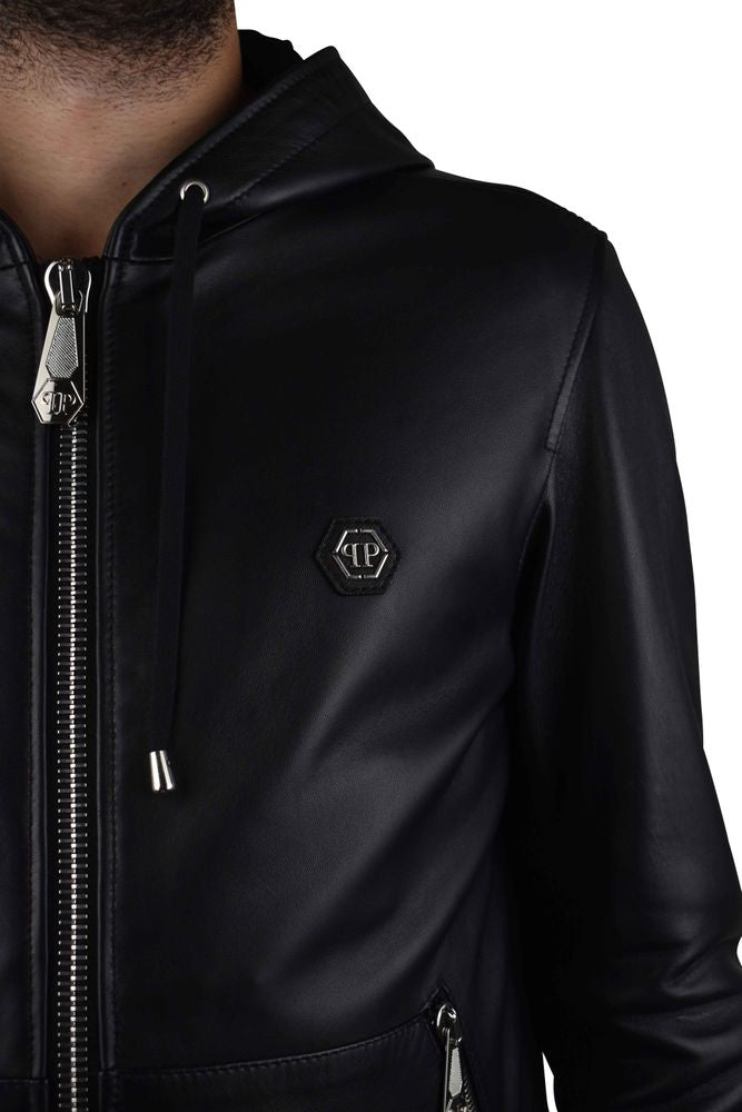 Smooth Black Leather Hooded Jacket
