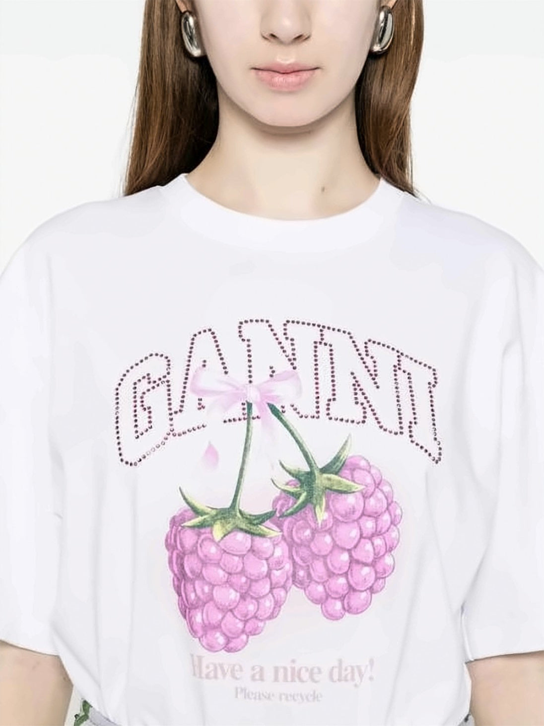 Relaxed Fit White T-Shirt with Raspberries Graphic