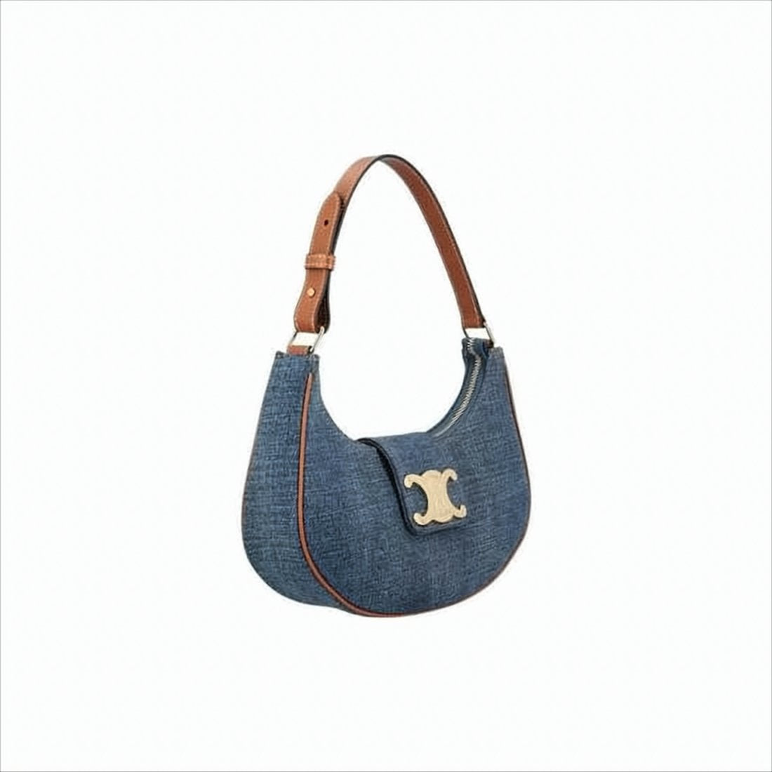 Crescent-Shaped Cotton Shoulder Bag with Metallic Logo