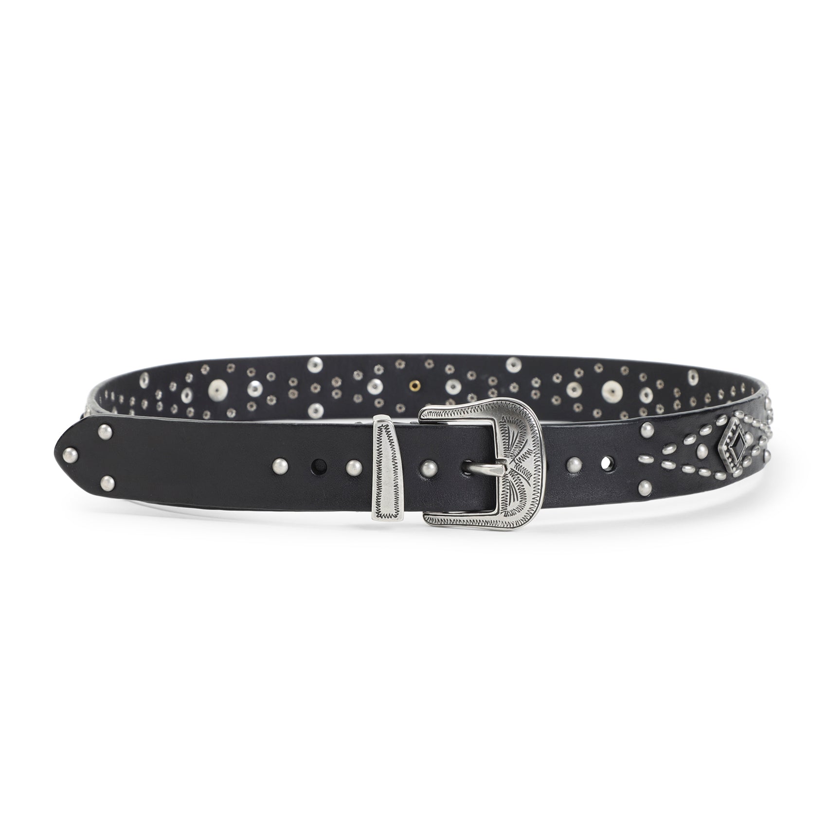 Black Leather Belt With Silver-Tone Studs And Vintage Buckle