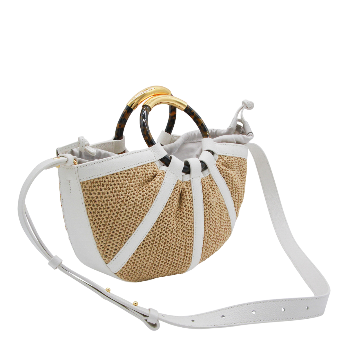 Semi-Circular Woven Bag with Tortoiseshell Handle