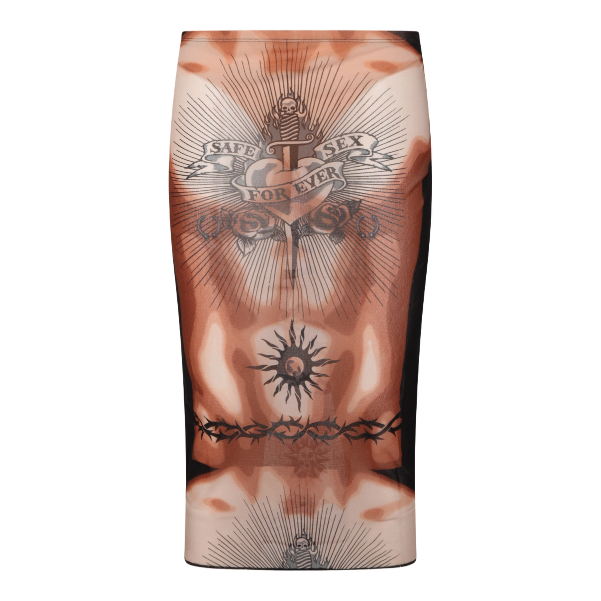 Knee-Length Tattoo-Inspired Skirt with Edgy Motifs