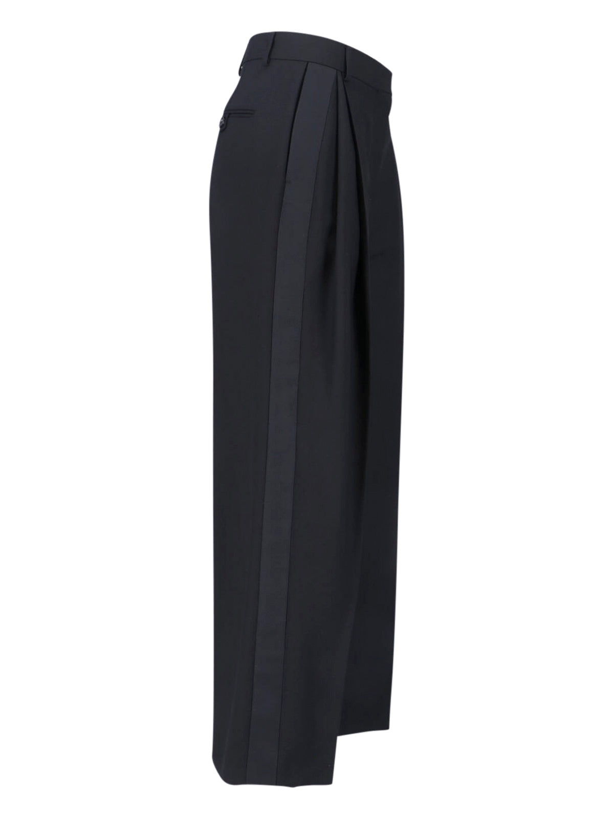 Black Tailored Wool Satin Stripe Trousers