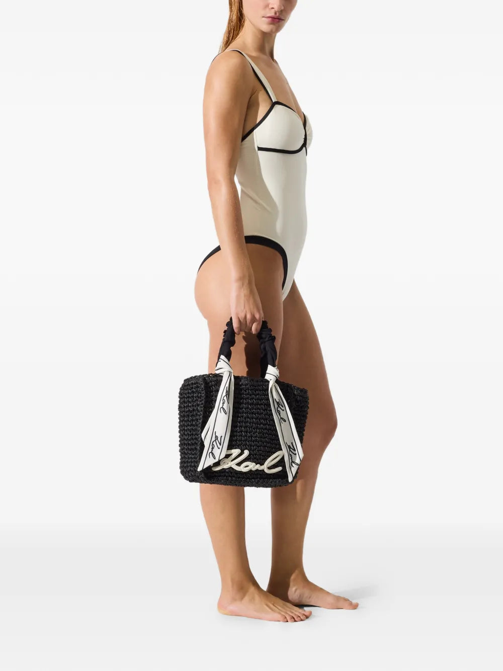 Woven Handbag with Ruched Handle and Signature Detail