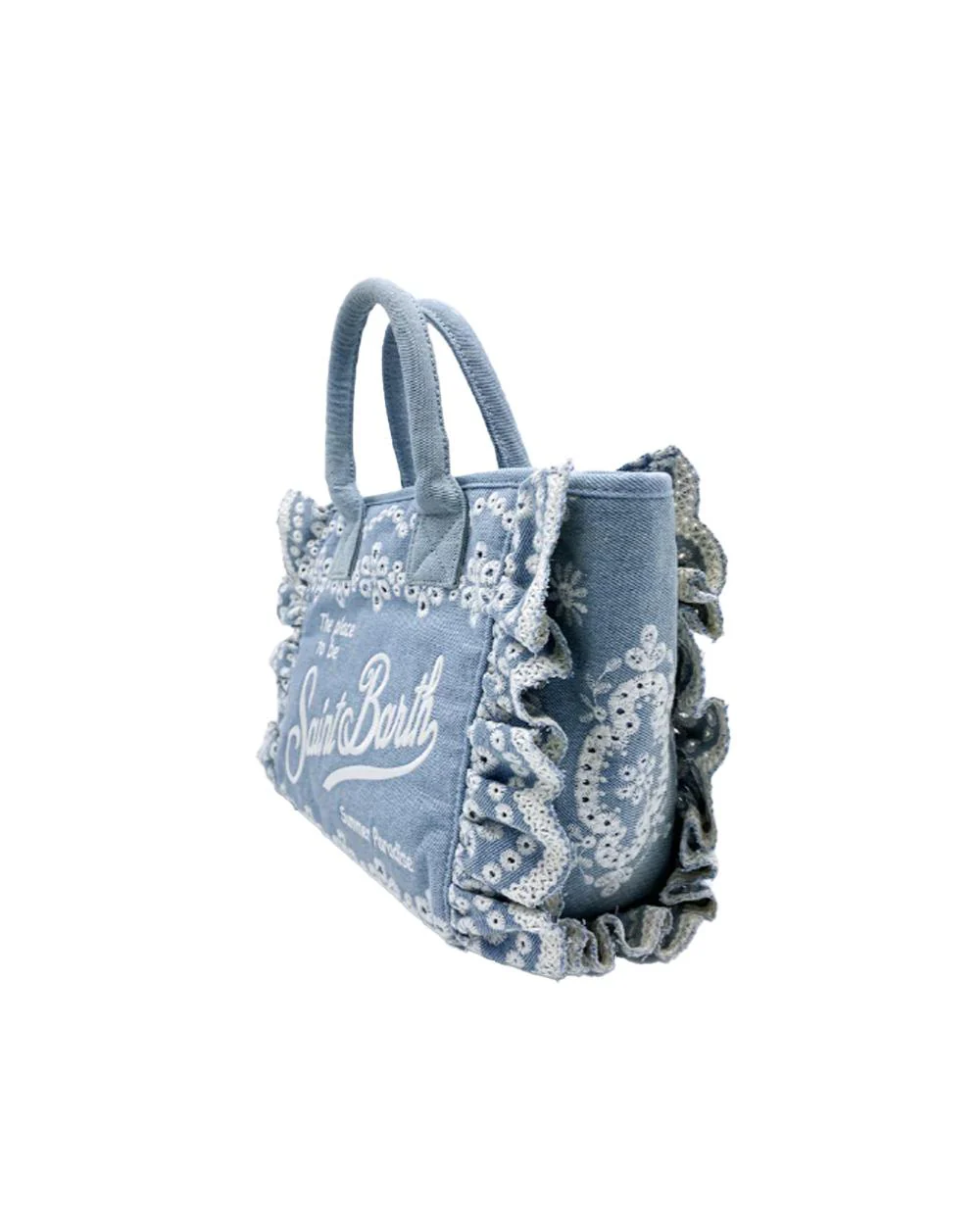 Textured Floral-Embroidered Tote Bag with Ruffled Edges