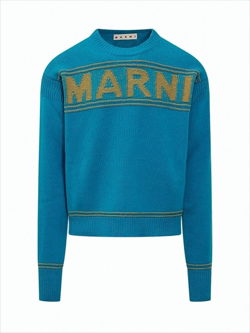 Cropped Blue Knit Sweater With Iconic Logo