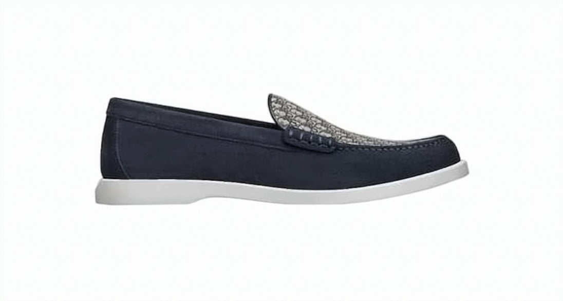 Navy Loafers With Patterned Fabric Panel And Contrasting Sole