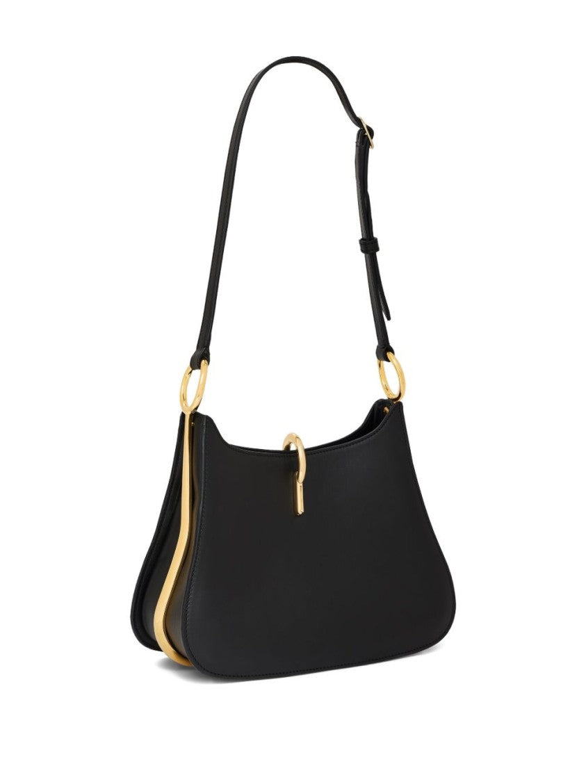 Curved Leather Shoulder Bag with Brass Hardware
