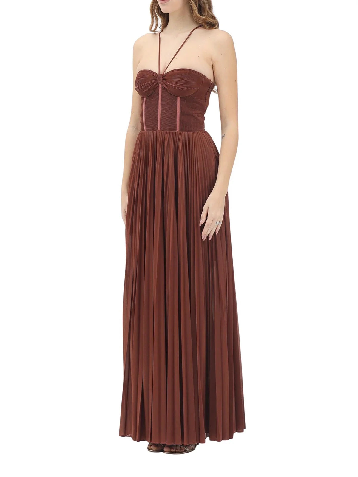Brown Cicogna Polyester Pleated Maxi Dress