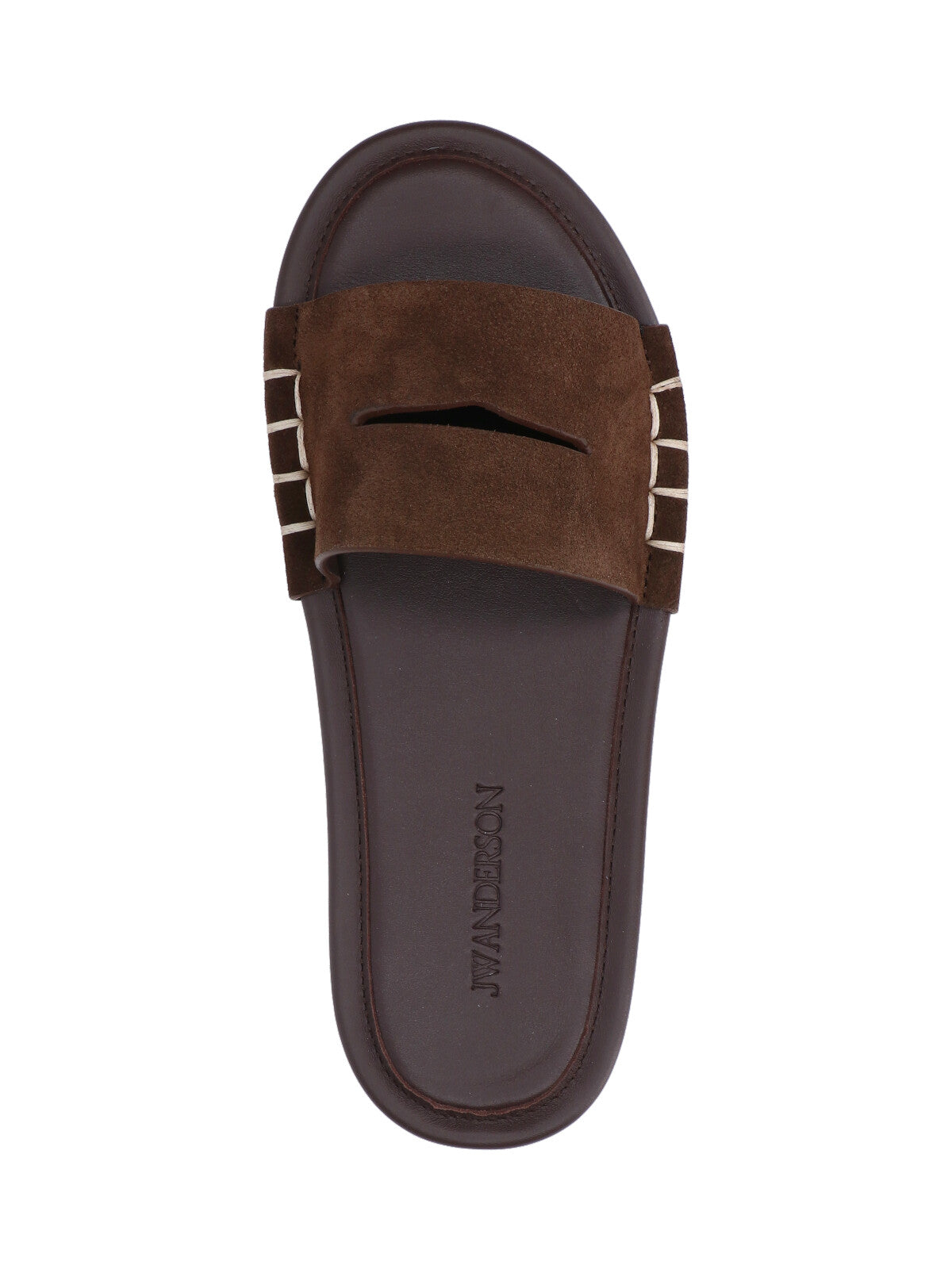 Brown Calf Leather Open-Toe Slides with Contrast Stitching