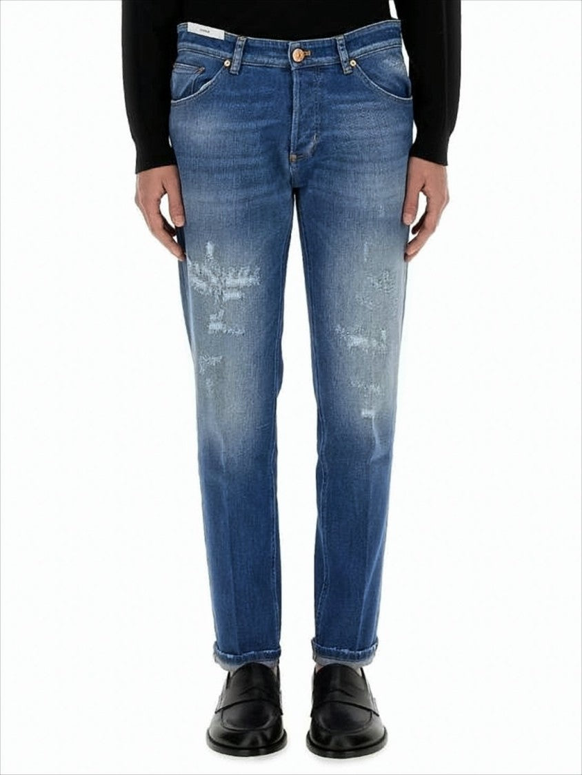 Medium Blue Wash Denim Trousers With Tapered Leg And Distressed Details