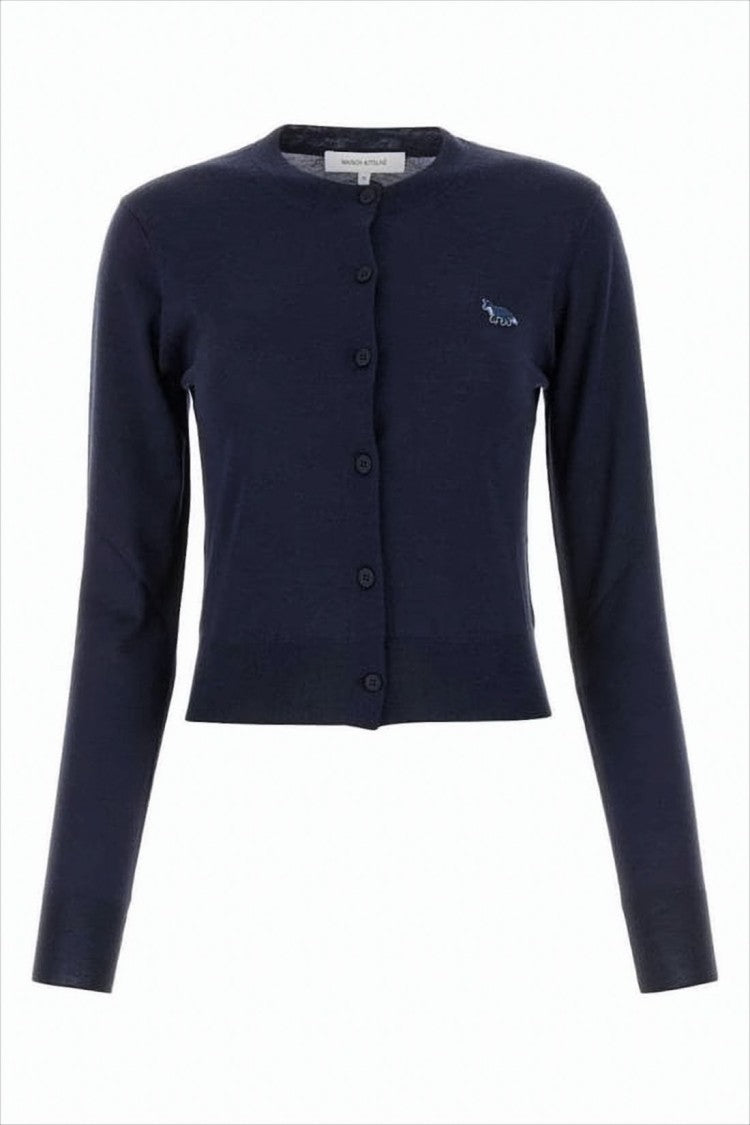 Cropped Blue Wool Cardigan With Button-Down Closure And Embroidered Detail