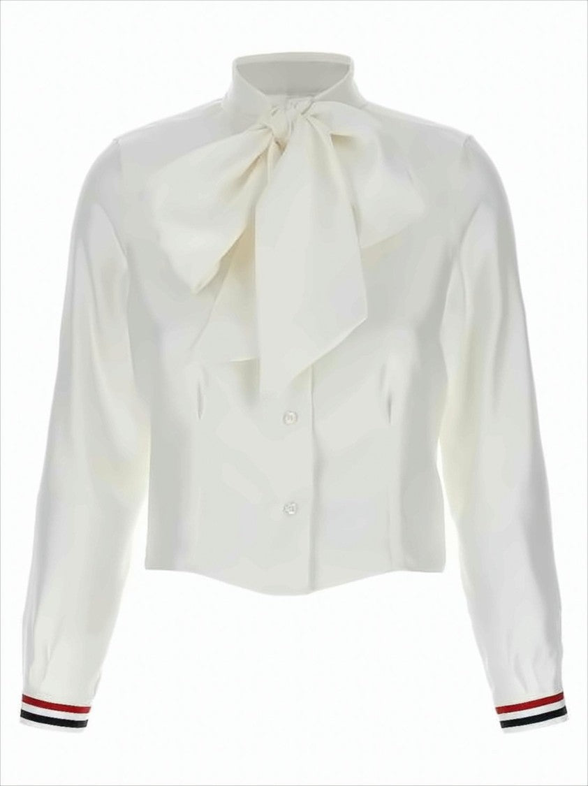 Cropped Silk Blouse with Elegant Bow and Striped Accents
