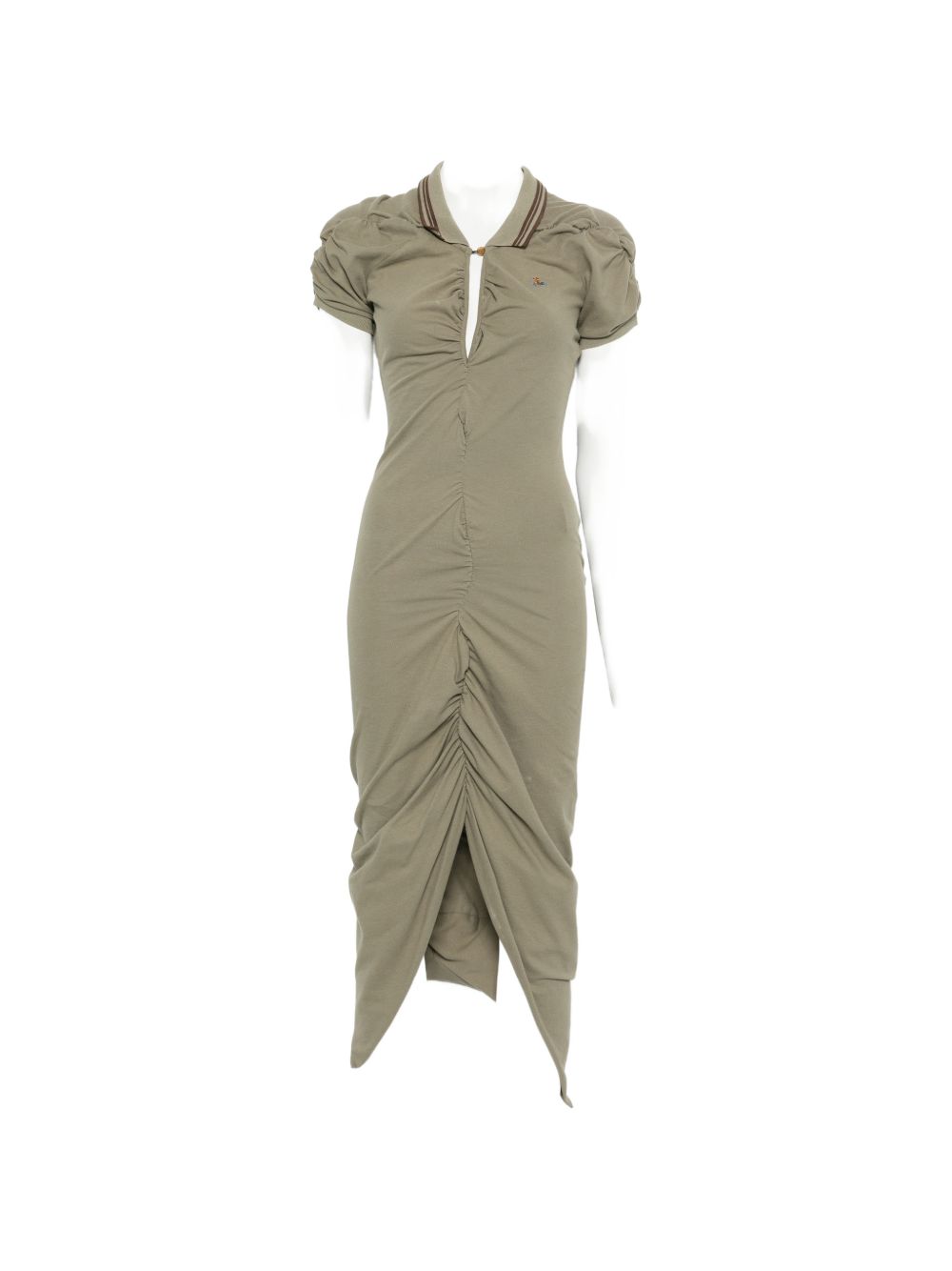 Fitted Green Midi Dress With Ruched Detailing And Polo Collar
