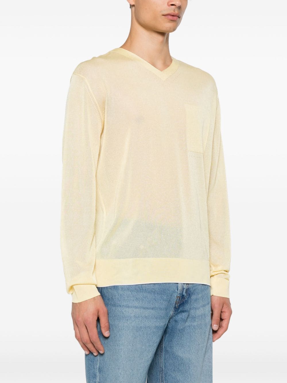 Light Yellow Semi-Sheer Knit V-Neck Sweater