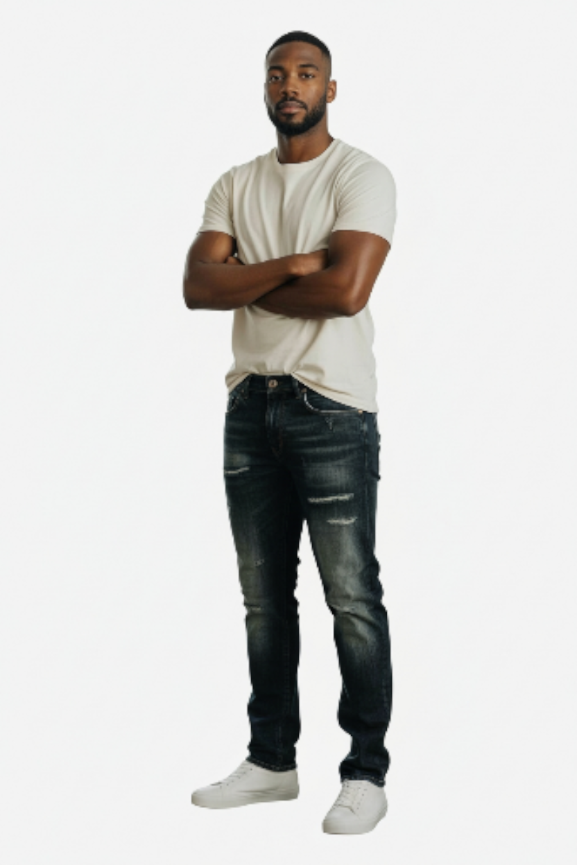 Distressed Dark Blue Denim Jeans with Five-Pocket Design