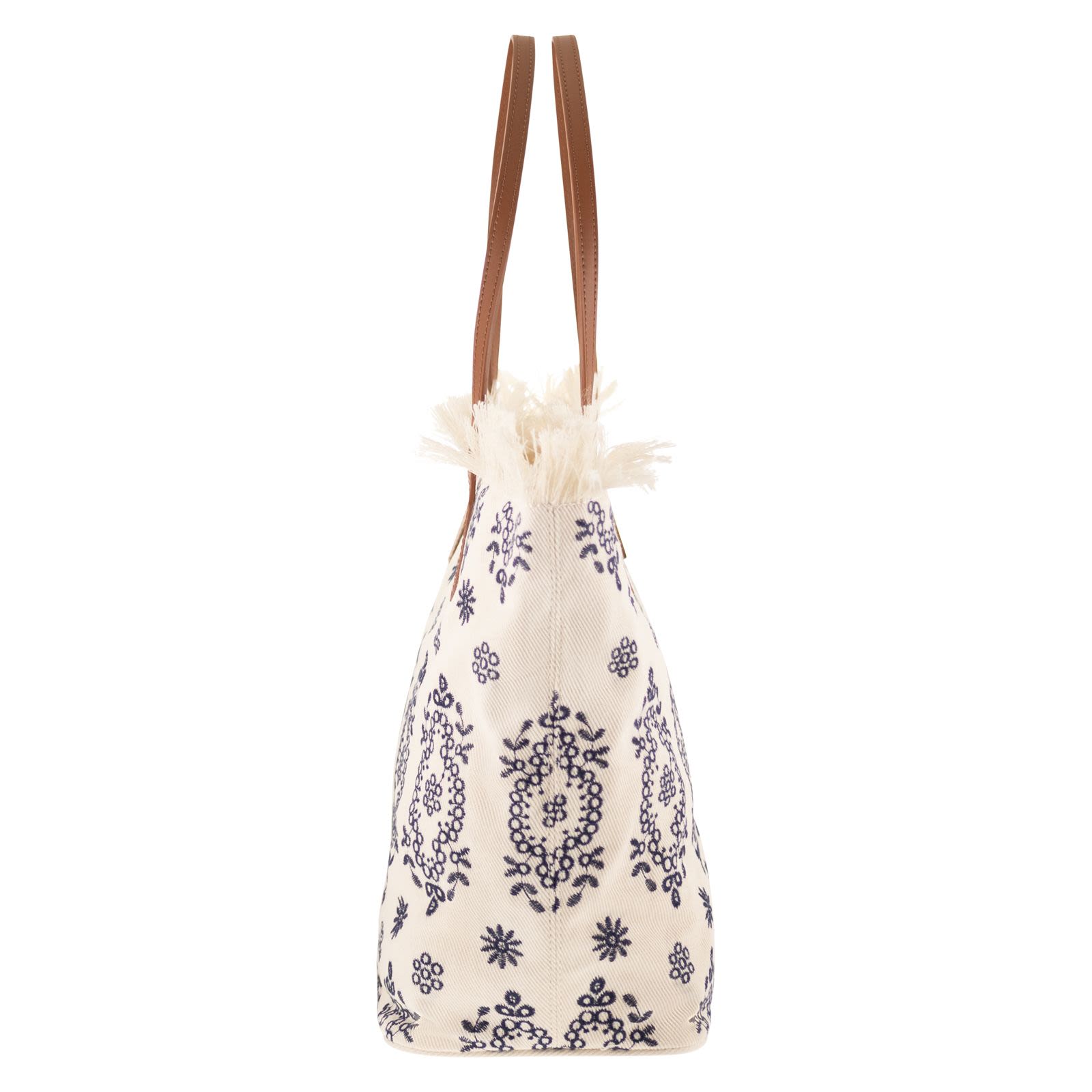 Spacious Cream Tote Bag with Navy Embroidery