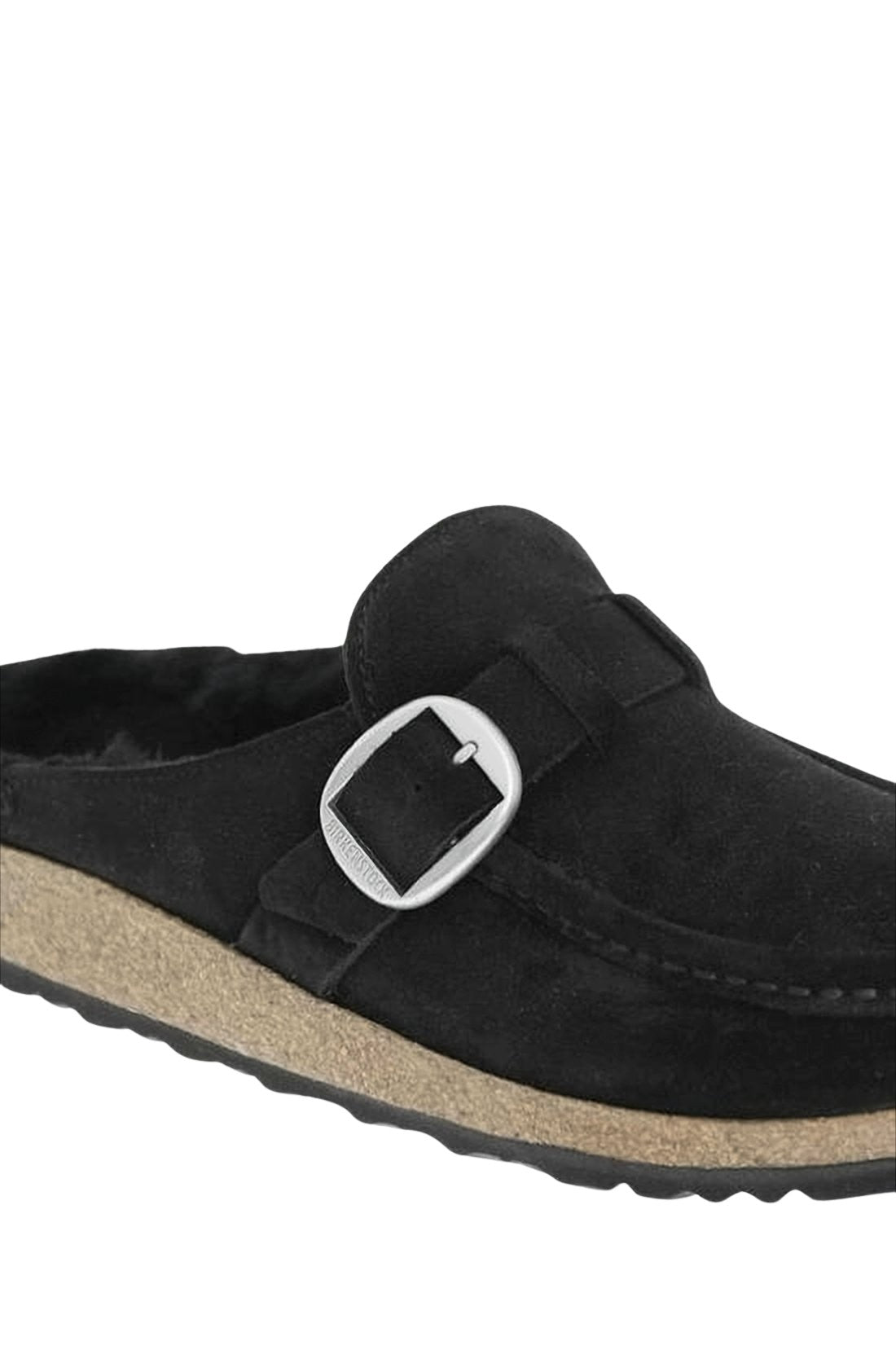 Black Suede Mule with Silver Buckle