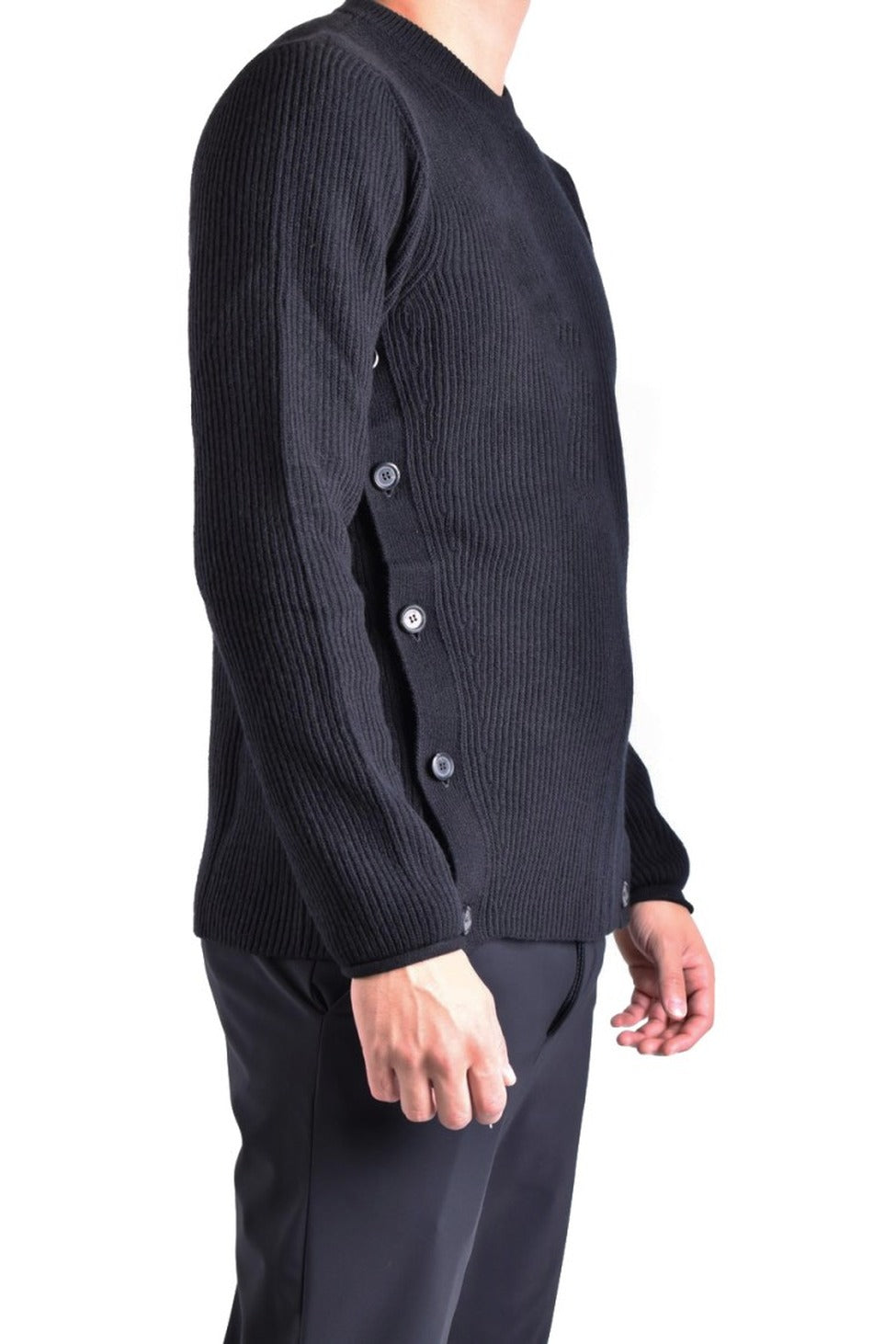 Ribbed Black Wool Knitwear With Decorative Button Accents