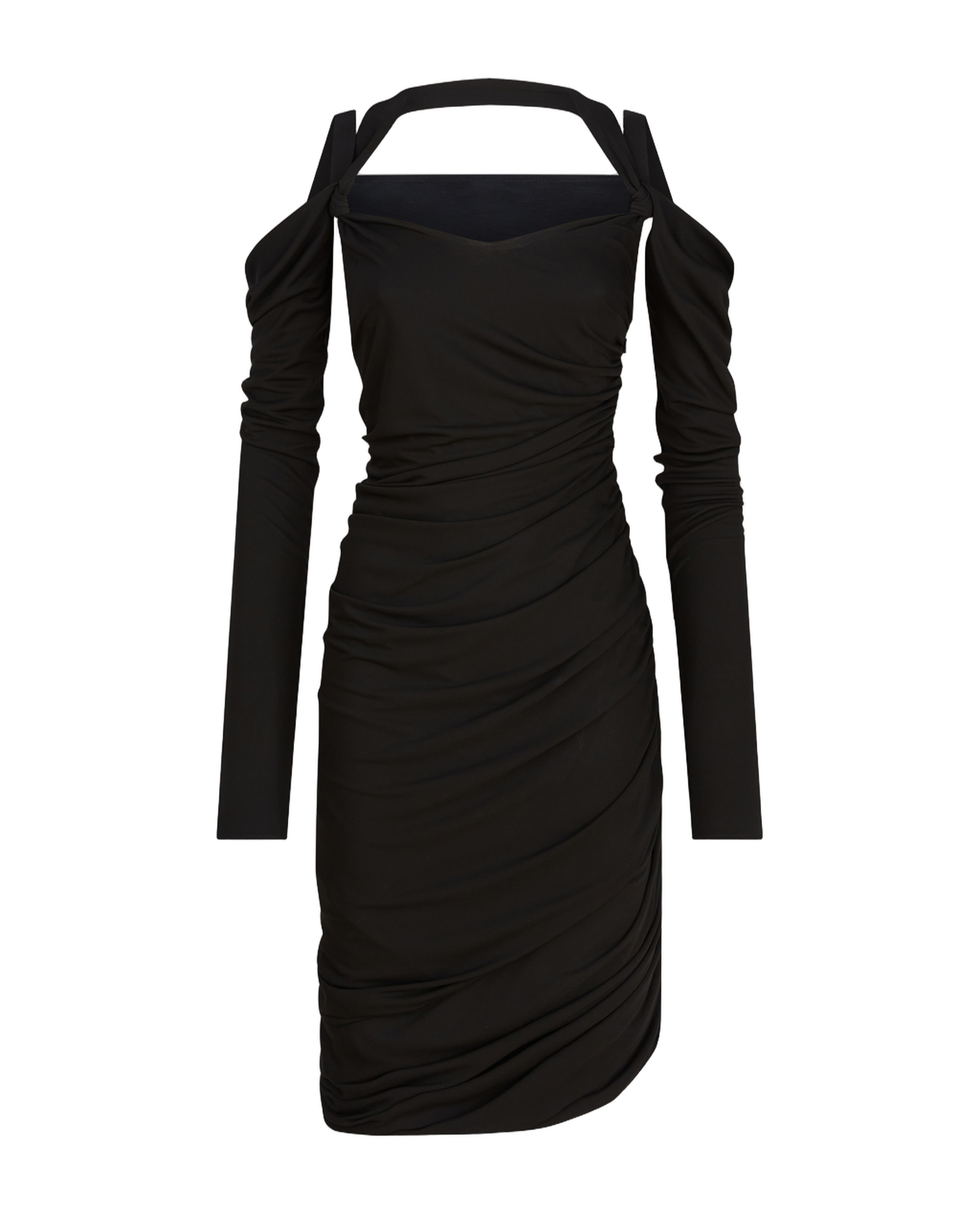 Off-Shoulder Black Midi Dress With Ruched Detailing