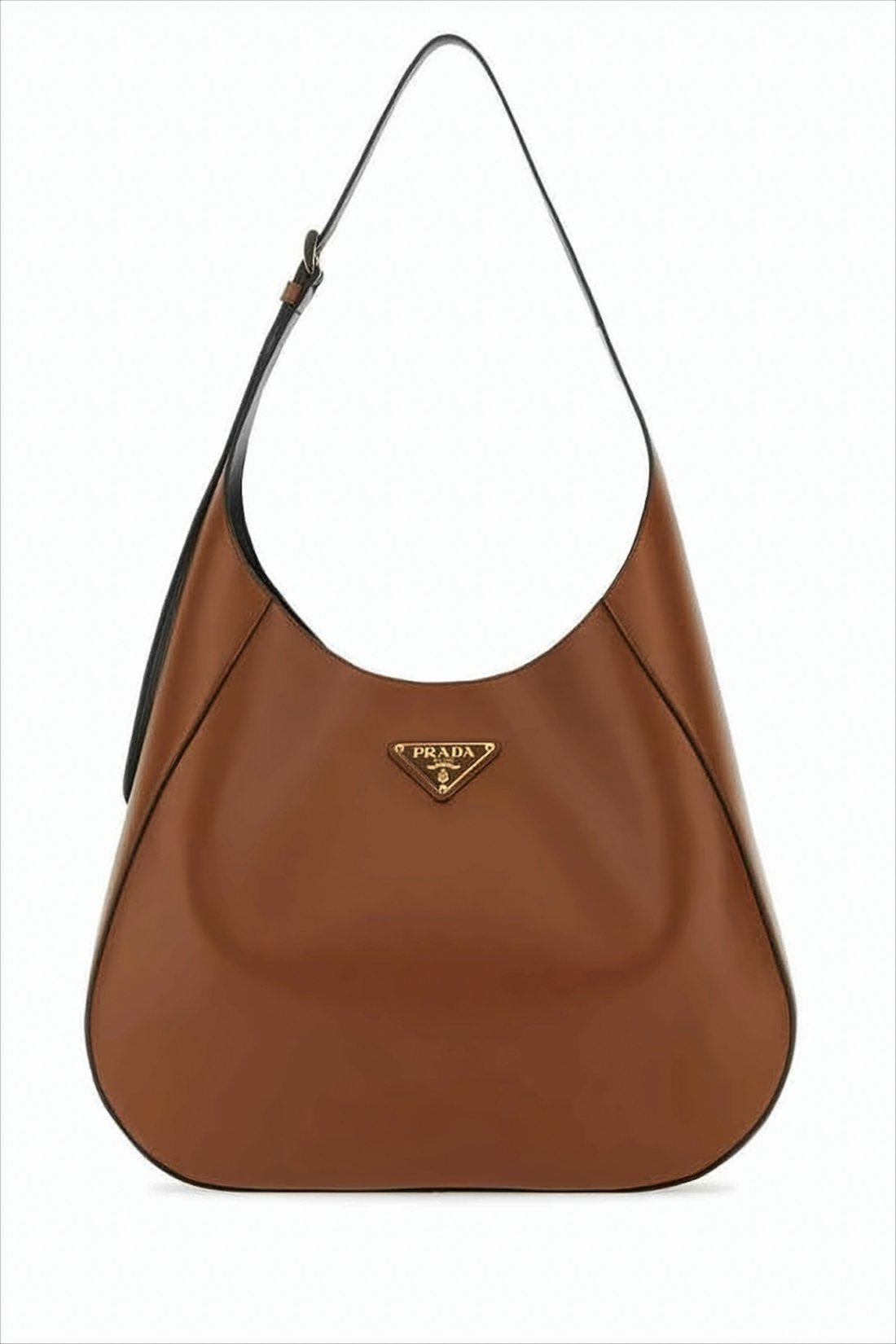 Sleek Brown Shoulder Bag with Adjustable Strap and Triangular Logo