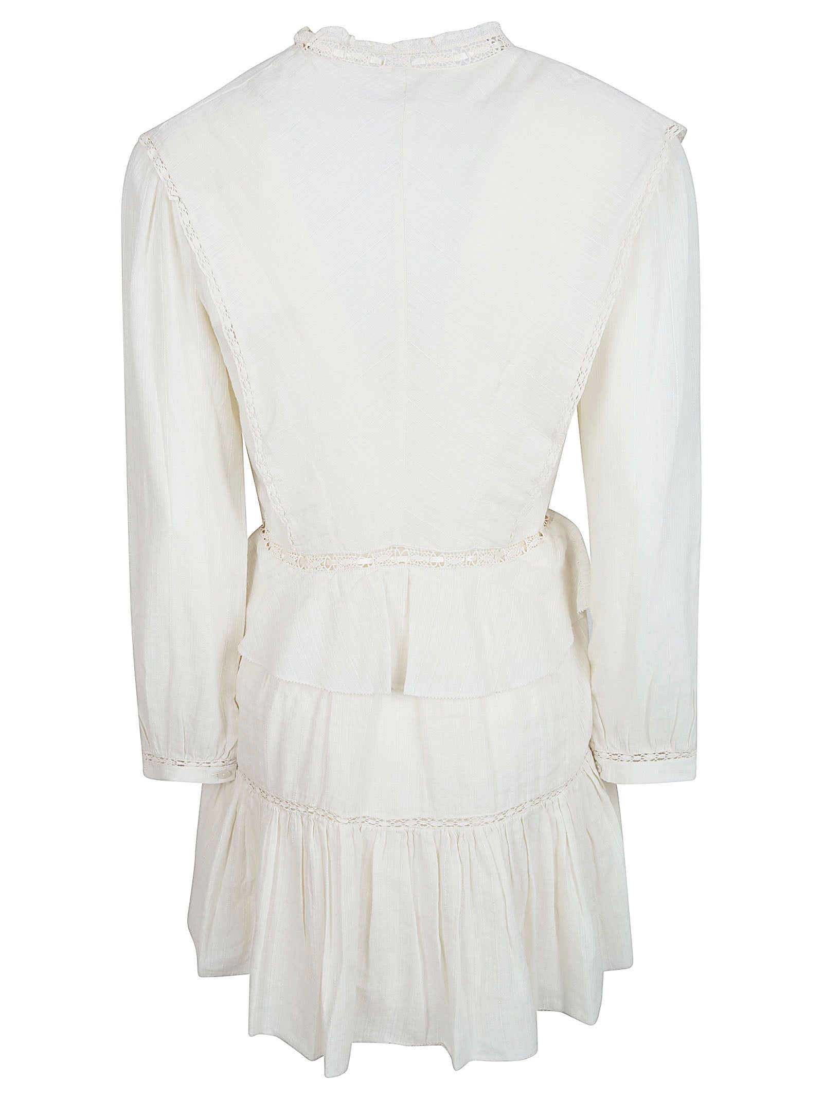 Ecru Mini Dress with Lace Trims and Ruffled Hem