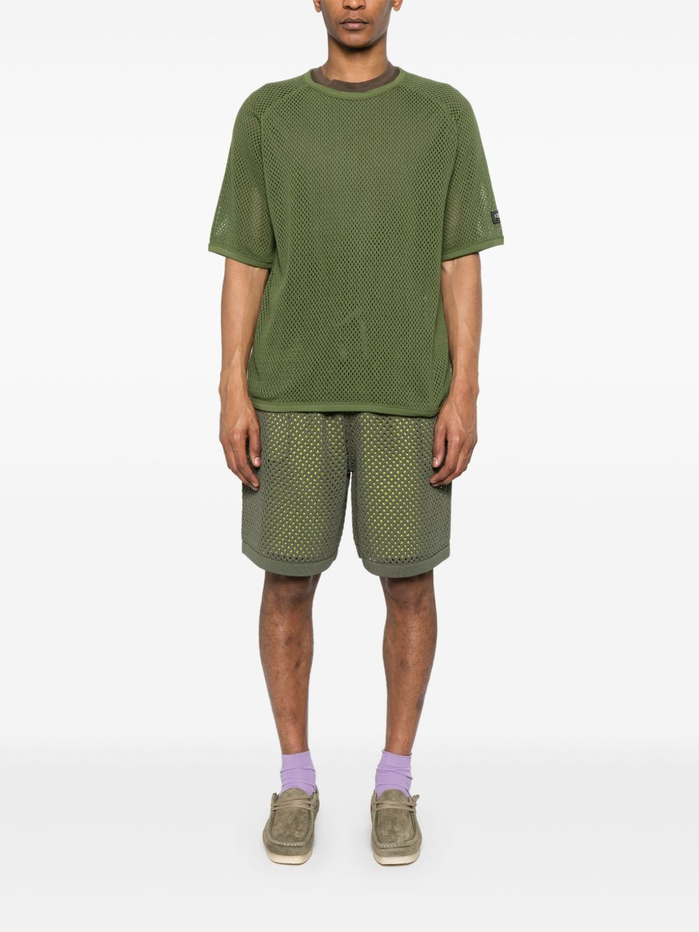 Olive Green Mesh Overlay Shorts