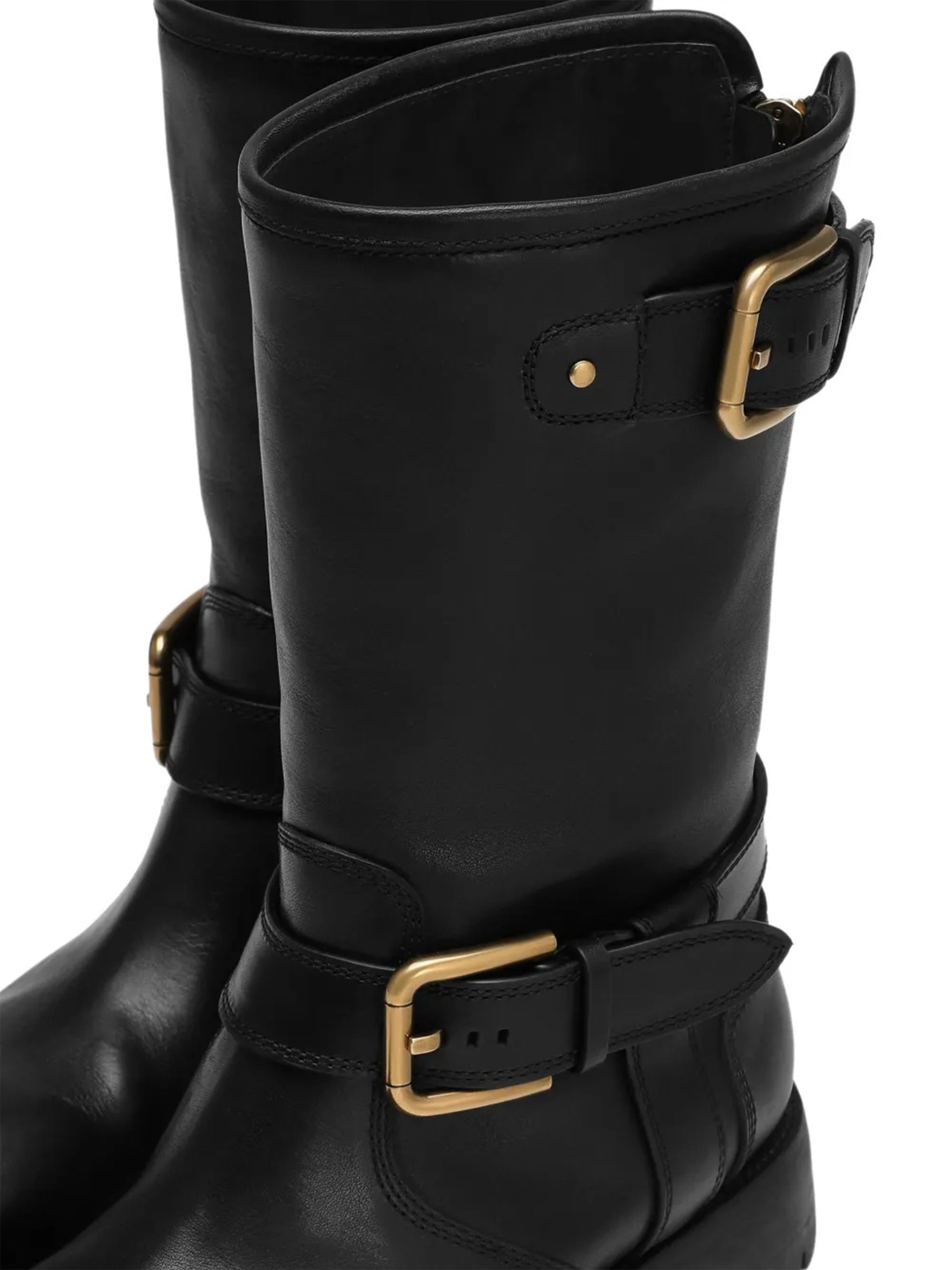 Black Biker Leather Gold Buckle Boots