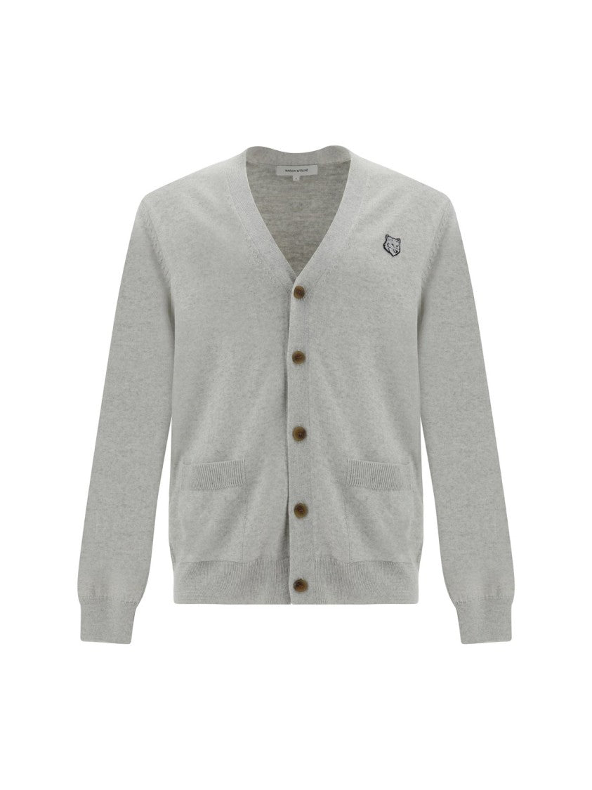 Lightweight Grey Wool Cardigan With Button-Down Front And Embroidered Logo