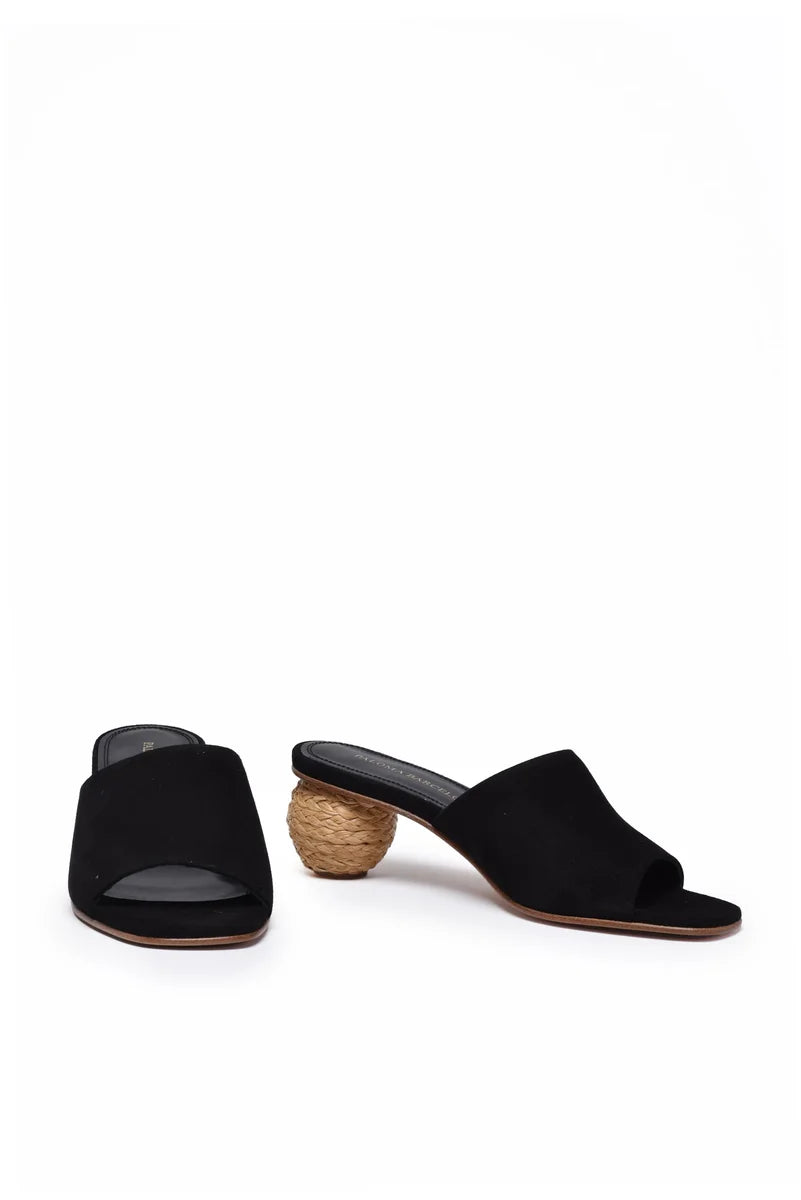 Suede Mules Rafia Heel - Black