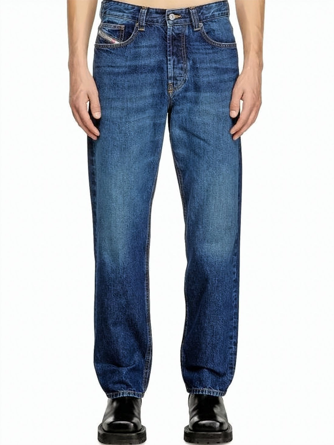 Blue Straight-Leg Medium Wash Denim Jeans