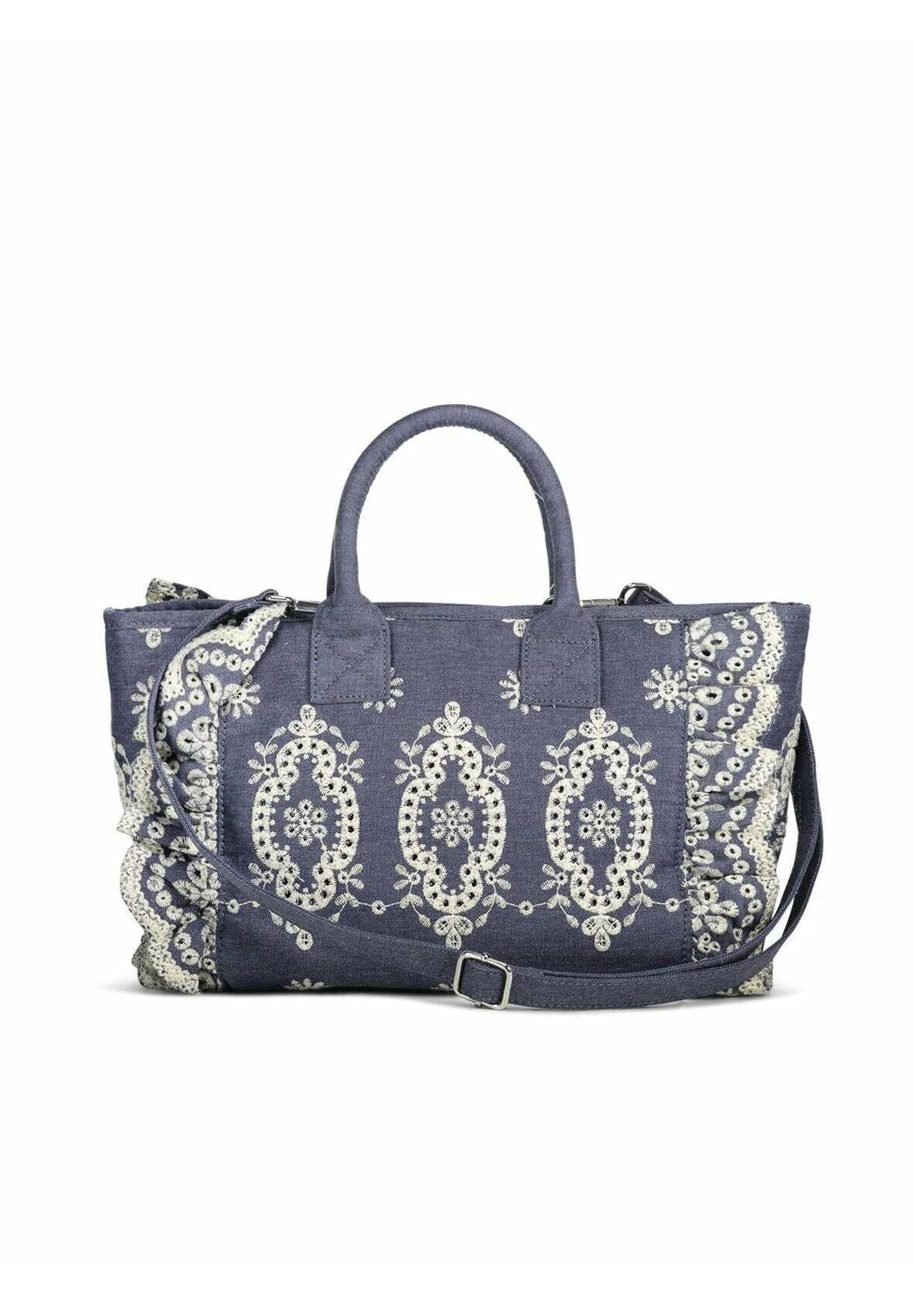 Rectangular Blue Tote Bag with Lace-Embroidered Edges