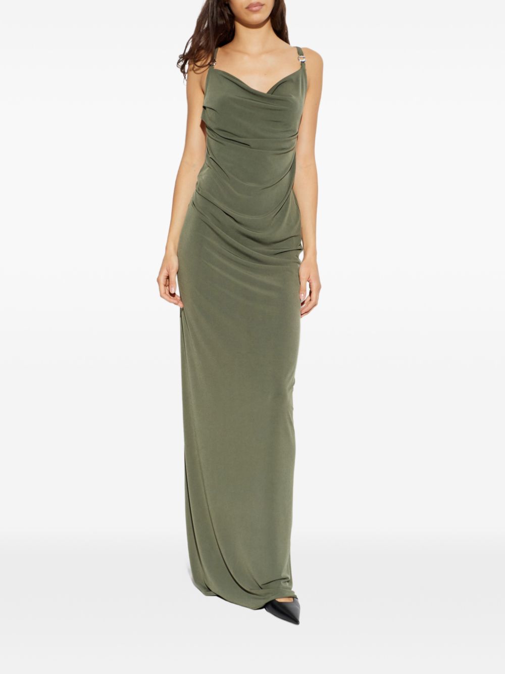 Long Draped Cowl Neck Maxi Dress With Open Back Detail