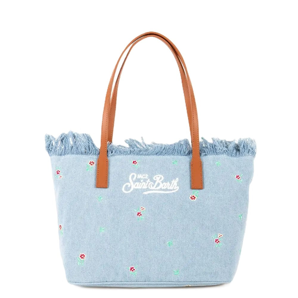 Light Blue Denim Tote Bag with Floral Embroidery