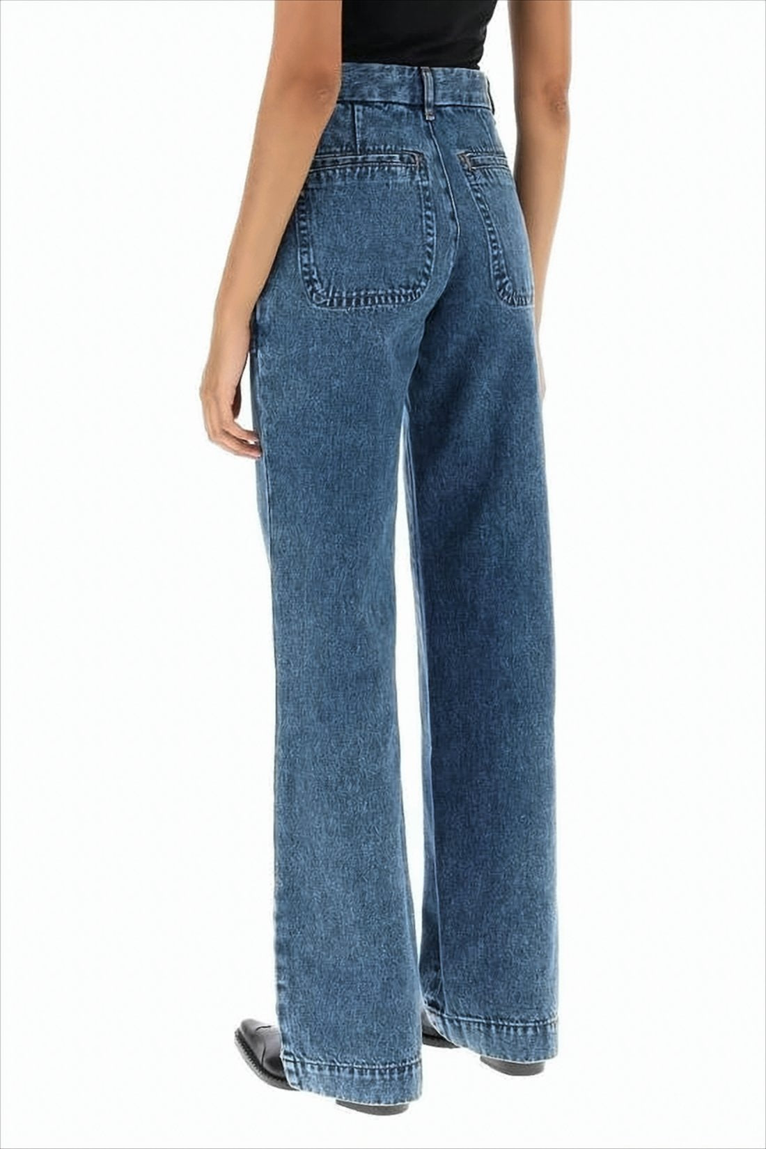 Wide-Leg Denim Pants With High Waist And Front Patch Pockets