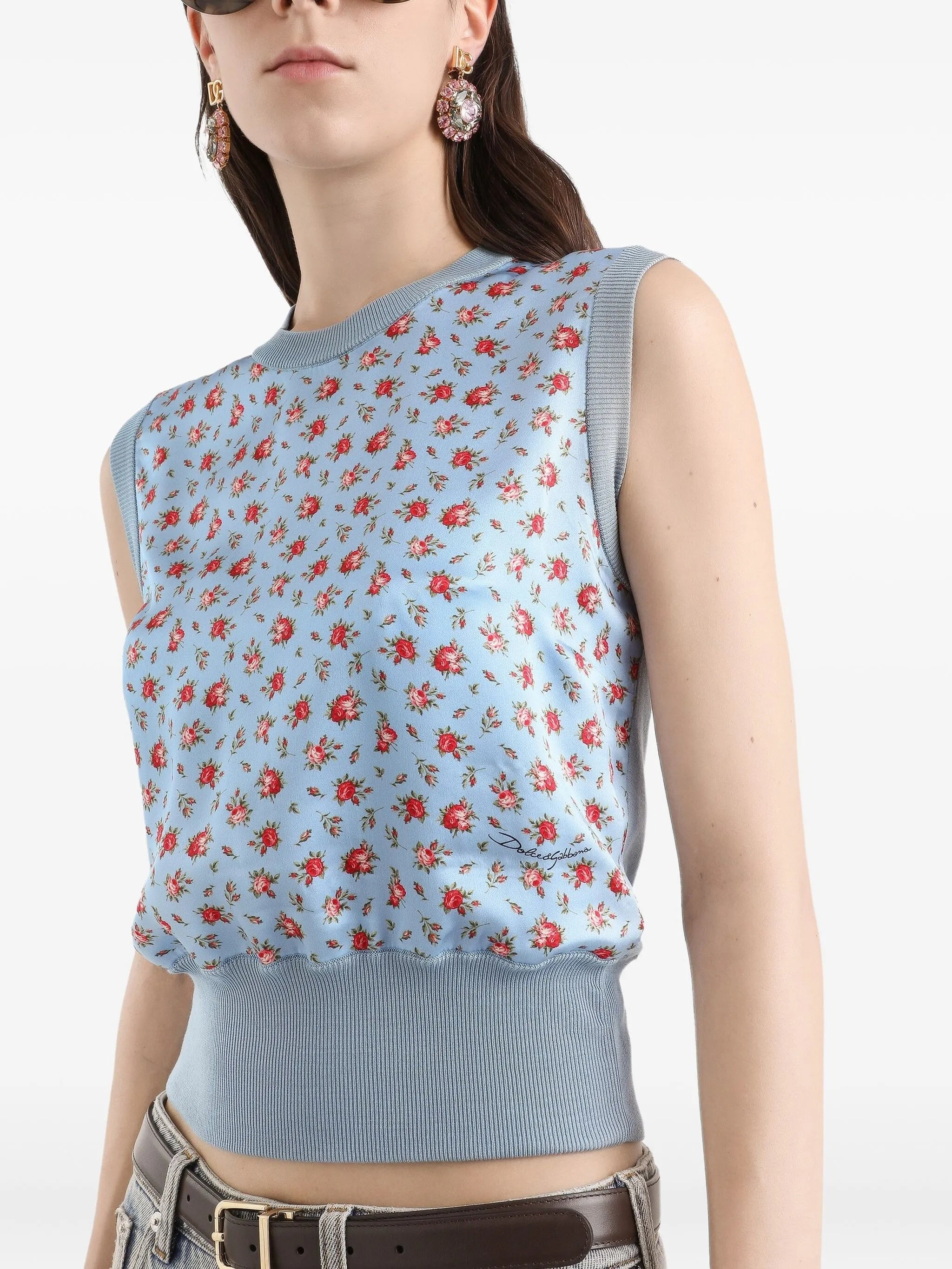 Light Blue Floral Print Silk Top