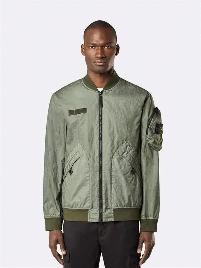 Lightweight Crinkled Texture Bomber Jacket with Flap Pockets