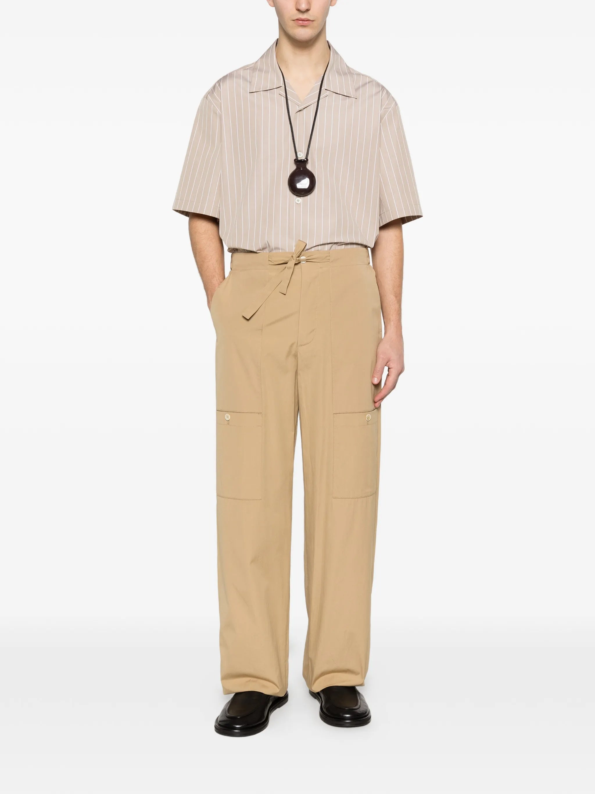 Beige Wide-Leg Tie Belt Pants