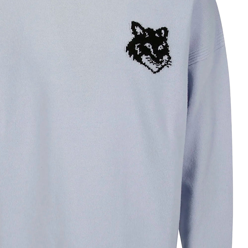 Light Blue Wool Sweater With Classic Crew Neckline And Intricate Embroidery