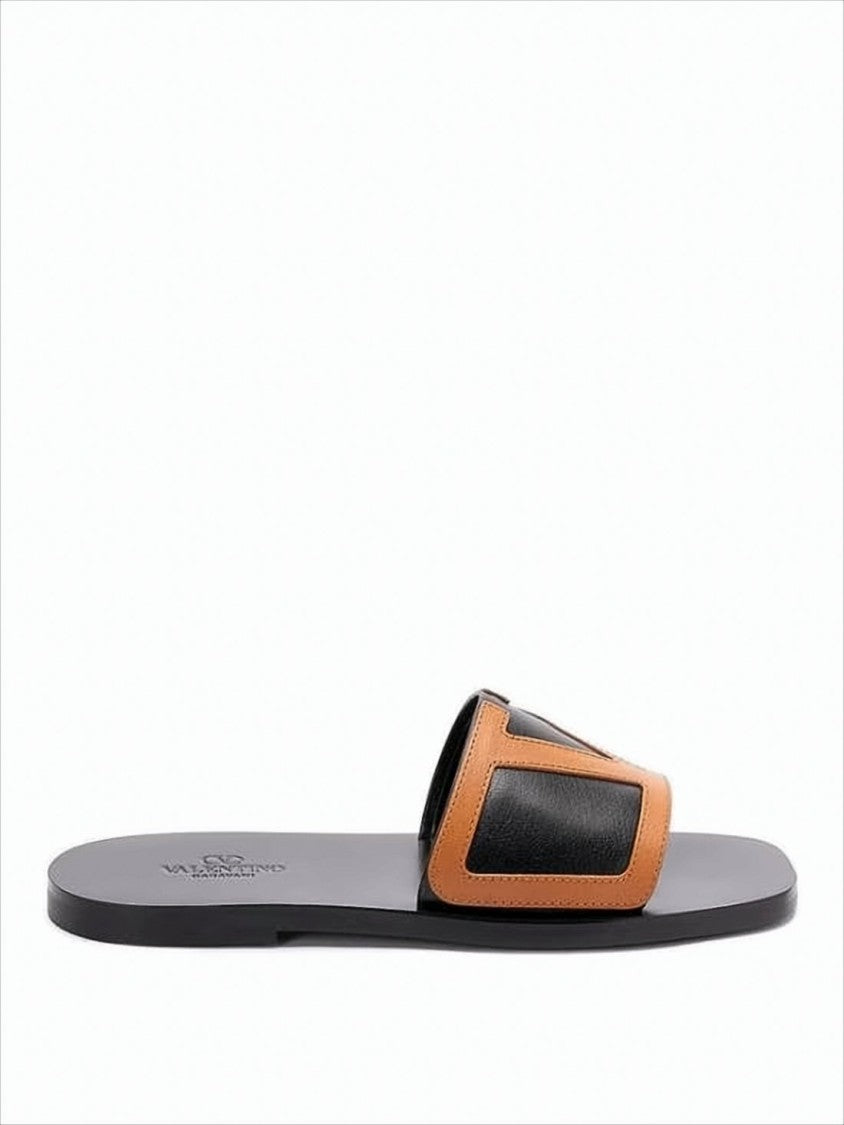 Leather Slide Sandals with Distinctive 'V' Design