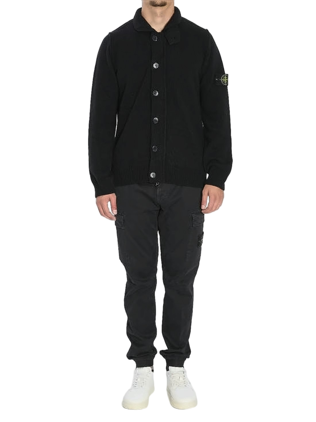 Button-Up Black Knit Cardigan with Ribbed Detailing