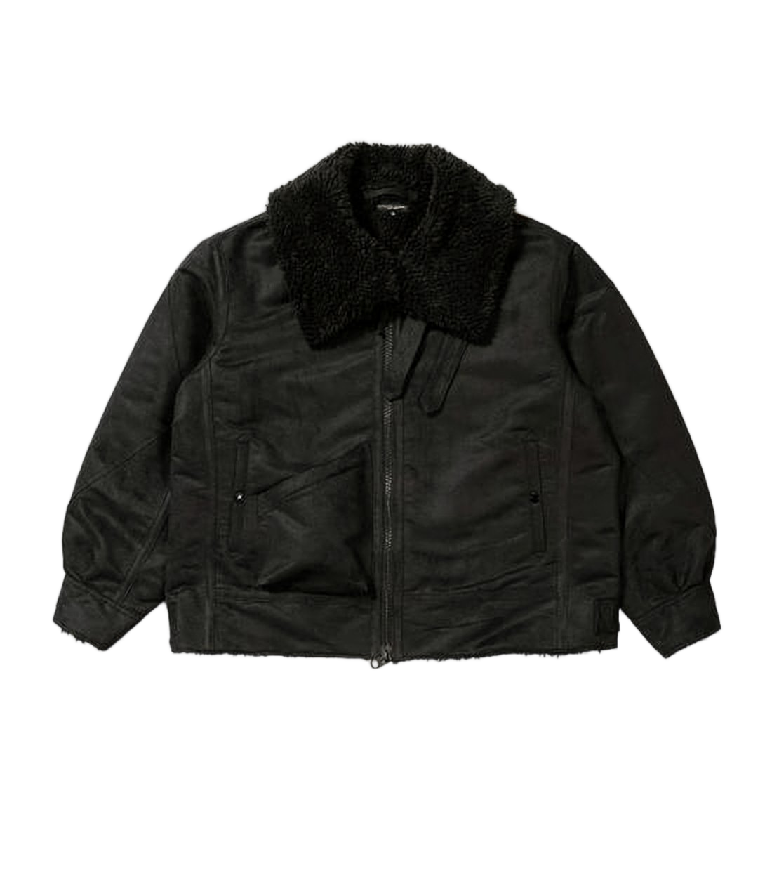 Structured Black Padded Jacket With Textured Collar And Flap Pockets